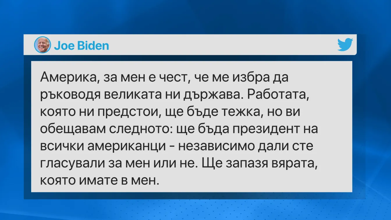 Байдън с първа реакция в „Туитър“ след изборната победа в САЩ