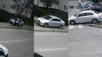 Камера улавя опасно шофиране: Кола се разминава с пешеходка с куче по тротоара