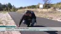 Трева проби асфалта на прясно ремонтиран път край село Сирищник