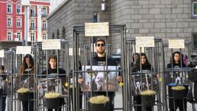 Хора в клетки протестират пред парламента