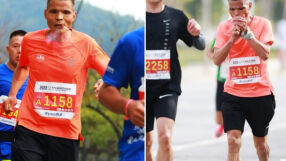 Китаец пробяга маратон, пушейки през цялото време