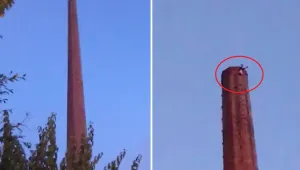 Мъж увисна с главата надолу от 80-метров комин във Великобритания (ВИДЕО)