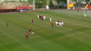 Пряк свободен удар. Зад топката е... куче (ВИДЕО)