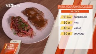 Снимка: Свински котлети с медено-горчичен сос и салата с кисело зеле и сусамов тахан