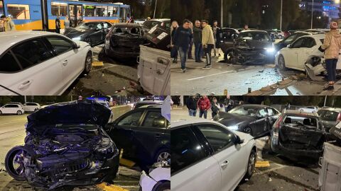 Кола отнесе поне 6 автомобила в центъра на София, шофьорът е с положителна проба за алкохол (СНИМКИ)