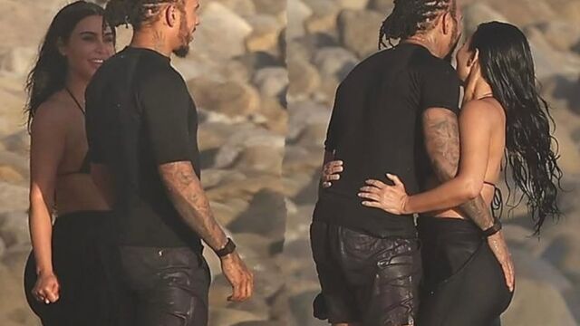 Снимка: Ким Кардашиян и Люис Хамилтън - горещи целувки в студения океан (СНИМКИ)