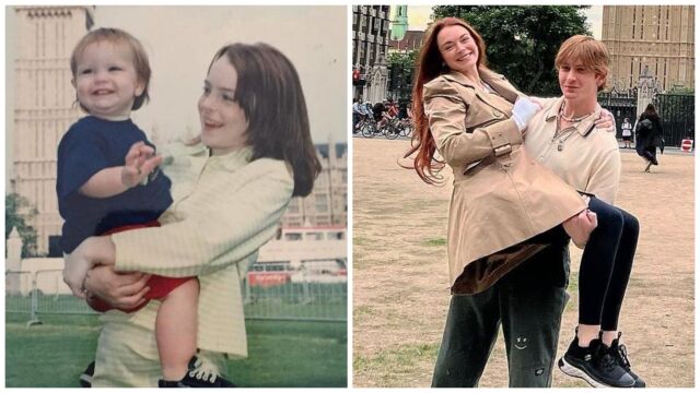 Снимка: Капан за родители: Линдзи Лоън с малкото си братче 24 години по-късно