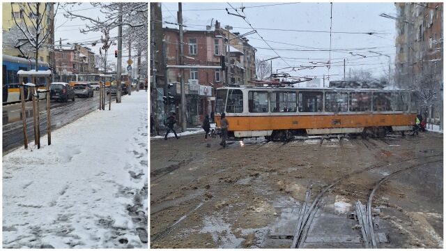 Снежна София под блокада: Трамвай дерайлира на на бул. „Христо Ботев“
