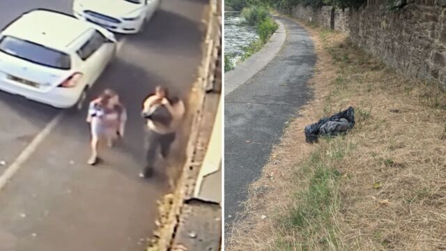 Снимка: Заснеха двойка да носи възрастното си куче в торба. След това го хвърлят в канал