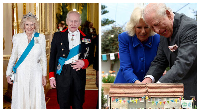 Снимка: Крал Чарлз и Камила се „пребориха“ с огромна торта - разрязвайки я с меч 