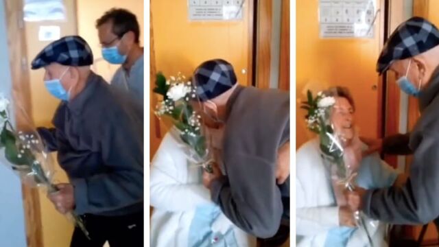 Снимка: Трогателно видео: 102-годишен мъж носи цветя на съпругата си в болницата