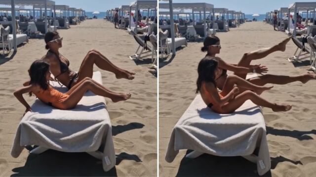 Снимка: Няма неподходящо място – Славена Вътова и дъщеря ѝ правят упражнения на плажа