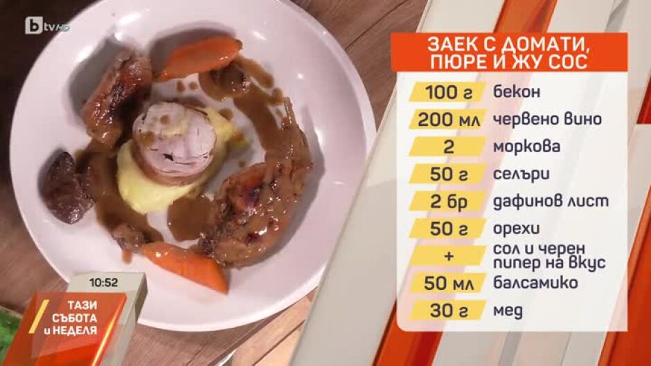 Заек с домати, пюре и Жу сос и Крокети със сладко от чери домати