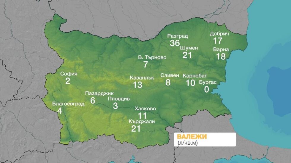 Големи количества дъжд само за шест часа в Източна България
